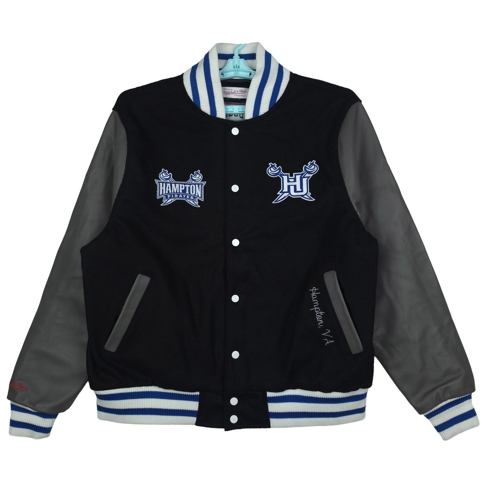 Hampton Pirates Mitchell & Ness HBCU Large Letterman Jacket Black Gray Blue New